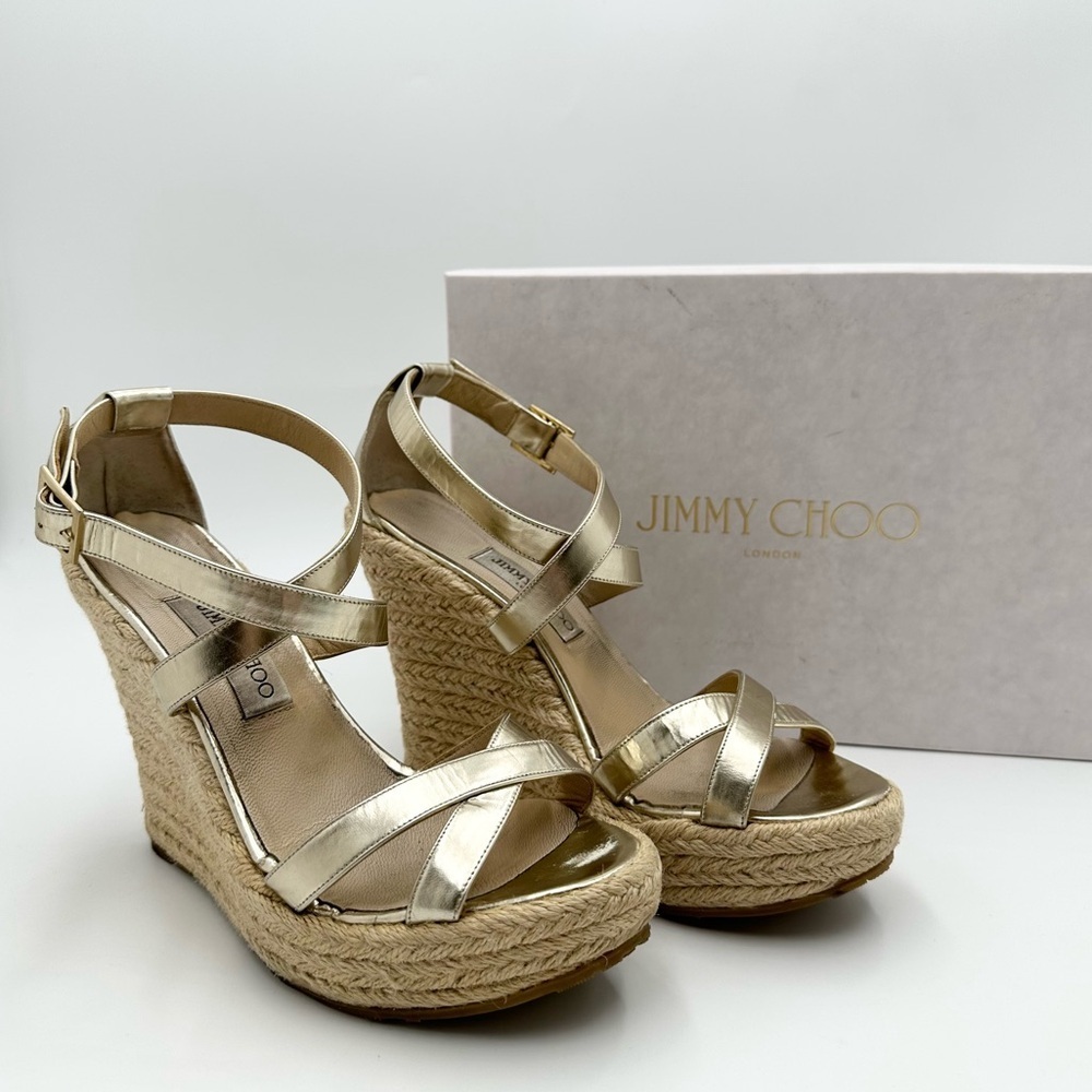 Jimmy Choo Porto Champagne Gold Leather Wedge Espadrilles
